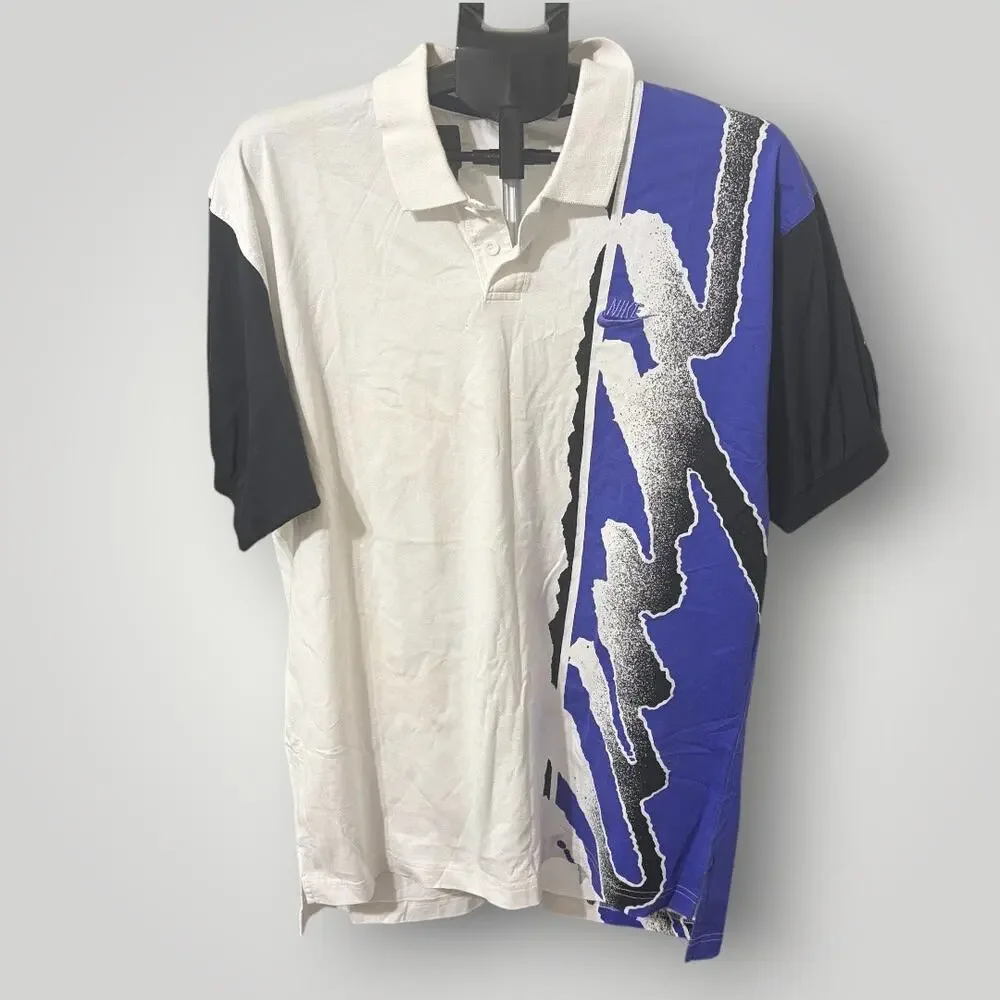 Vintage 90s Archive Nike Challenge Court Agassi Tennis Polo Large Blue Abstract